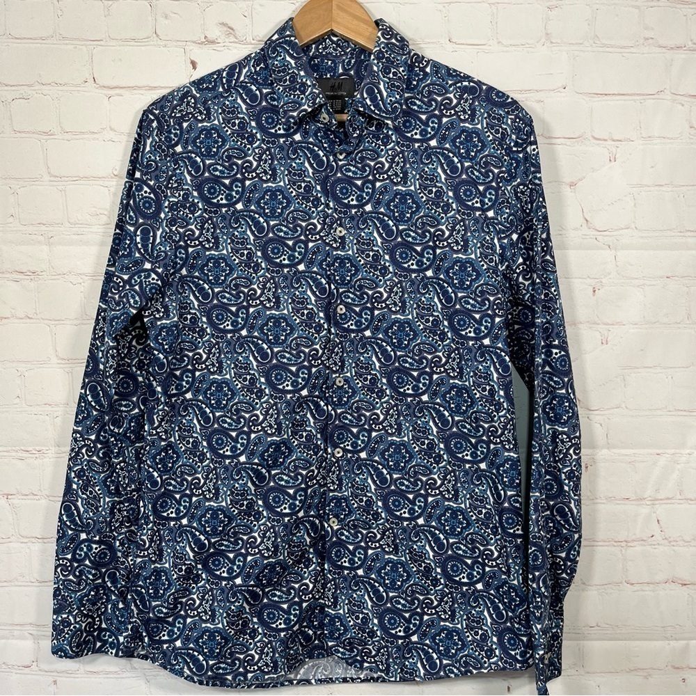 H&M Shirt Mens Medium Blue White Paisley Cotton Premium Cotton Button-Up